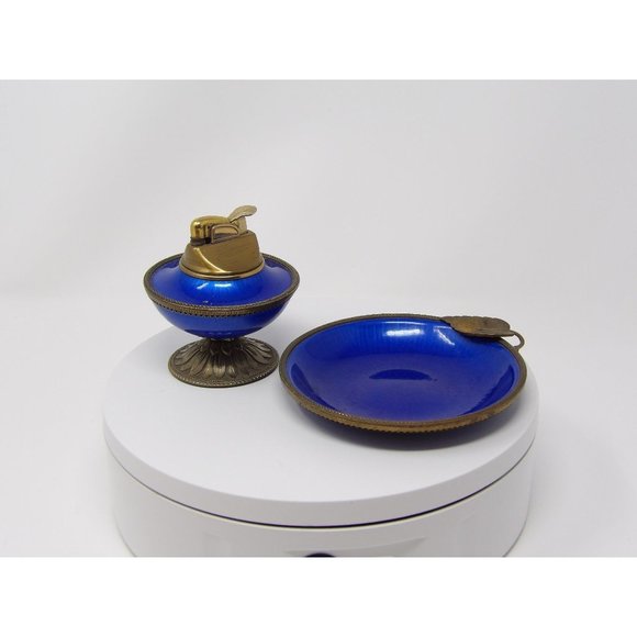 Evans Elegance Blue Enamel & Brass Guilloche Pedestal Table Lighter & Ashtray - Picture 5 of 10